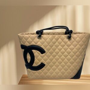 CHANEL Calfskin Quilted Cambon Tote Beige Black || Full inclusion ||